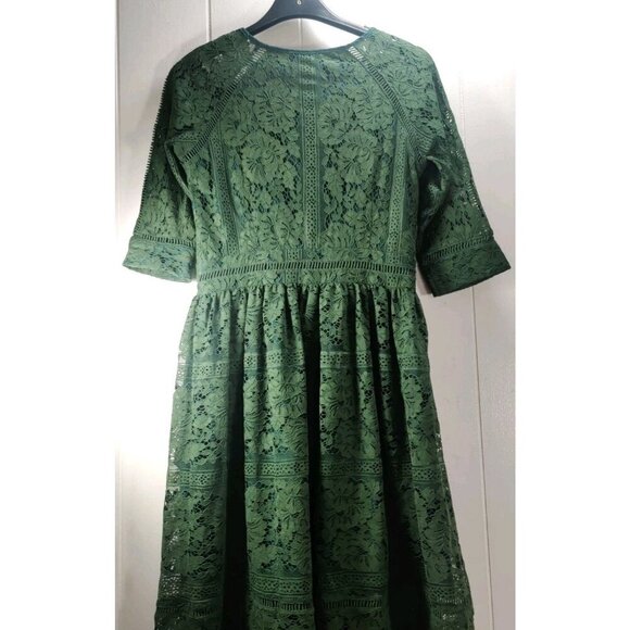 Metisu Dress Forest Green Ivy Lace Pattern Lined Overlay V-neck Size S - Picture 4 of 16
